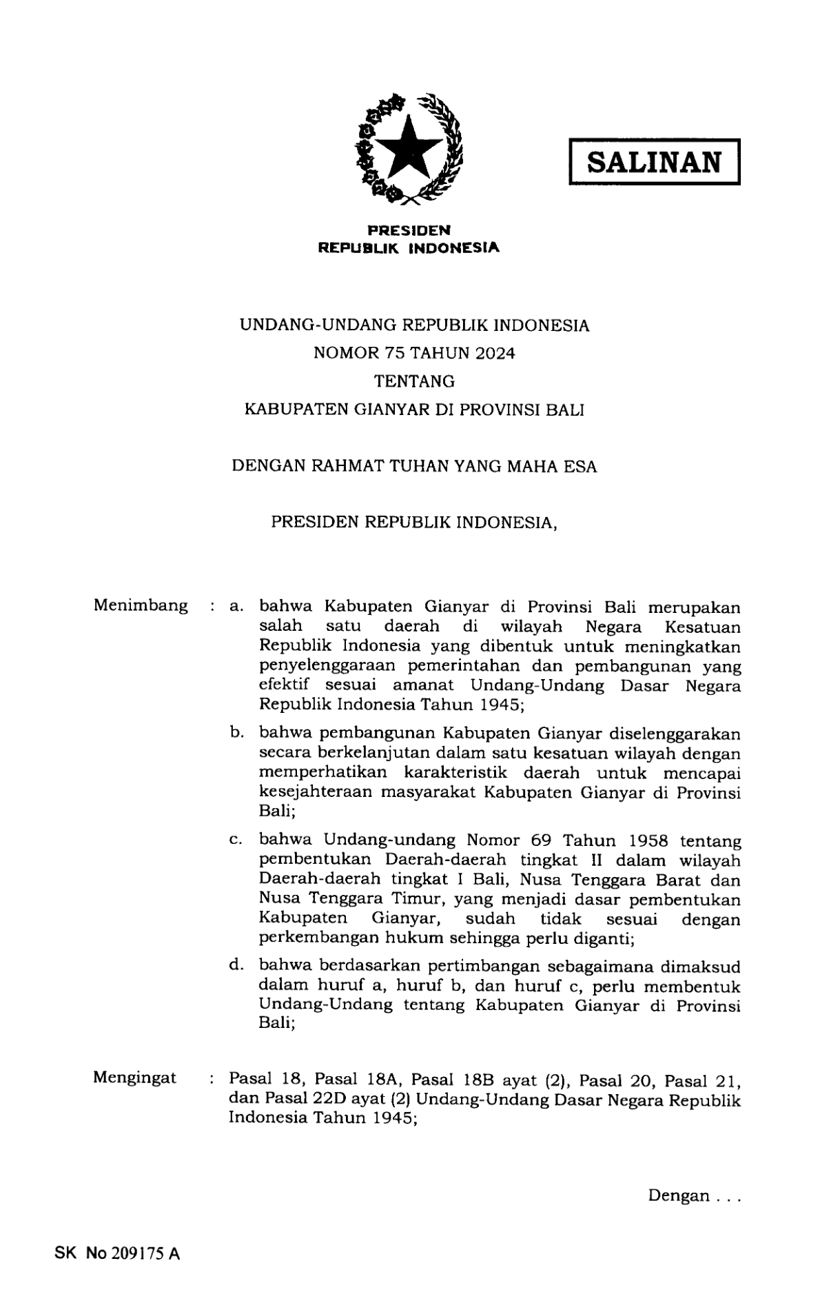 Undang-Undang Nomor 75 Tahun 2024