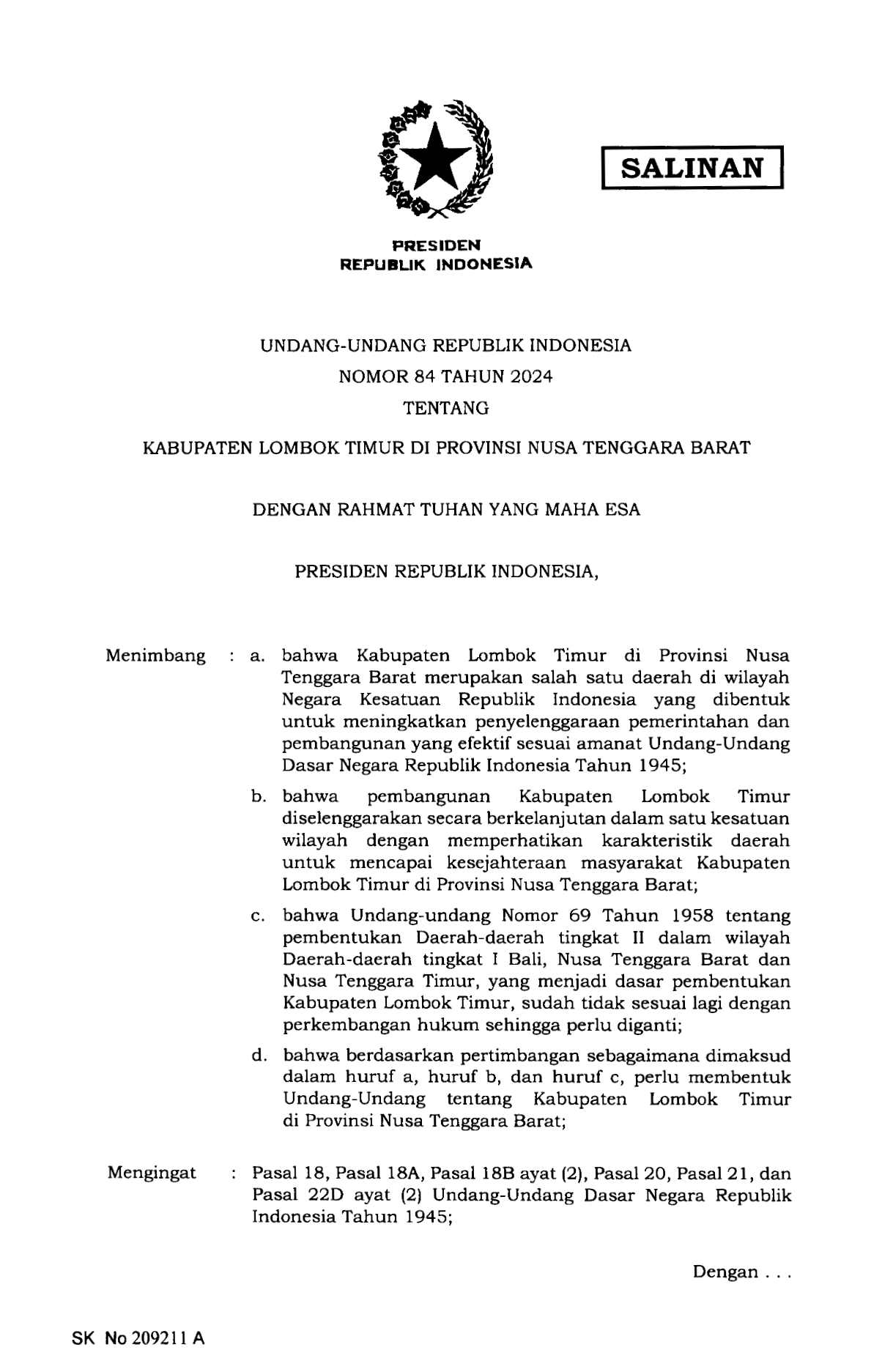 Undang-Undang Nomor 84 Tahun 2024