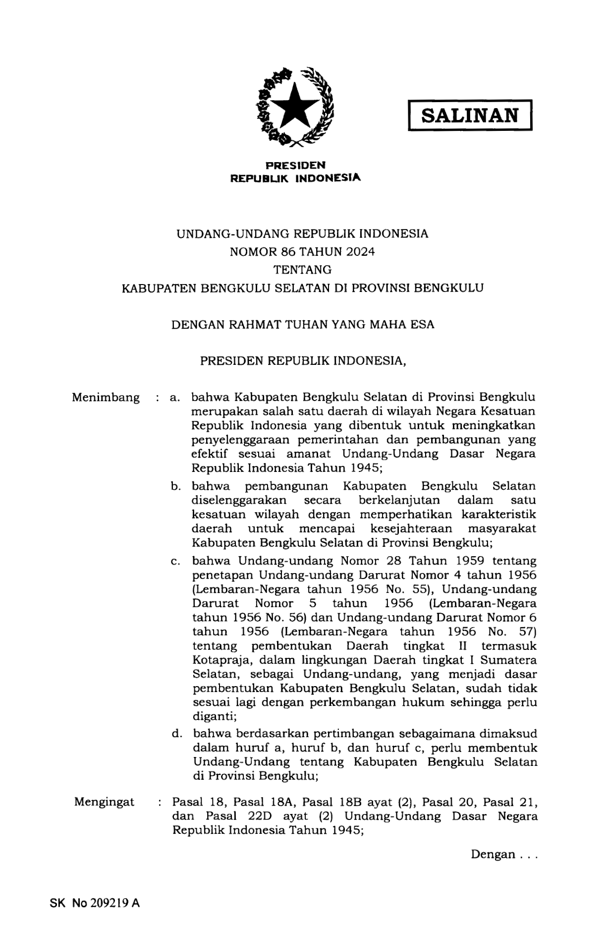 Undang-Undang Nomor 86 Tahun 2024