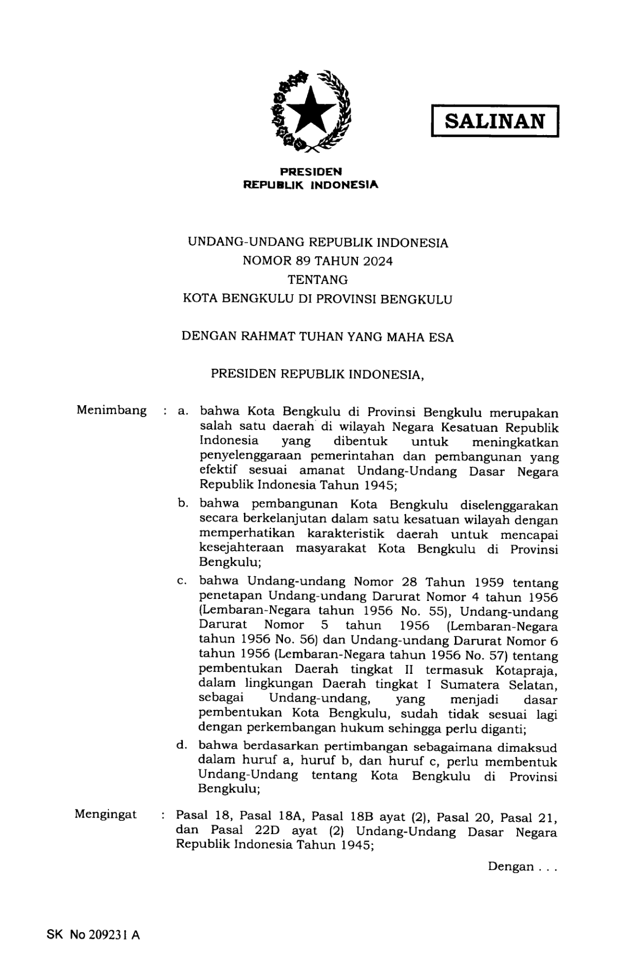 Undang-Undang Nomor 89 Tahun 2024