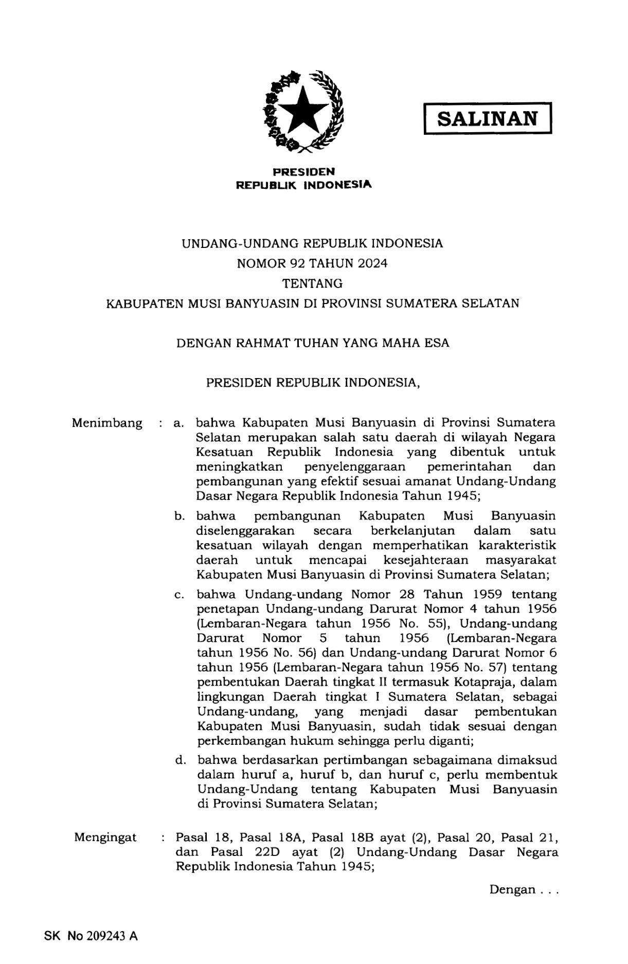 Undang-Undang Nomor 92 Tahun 2024