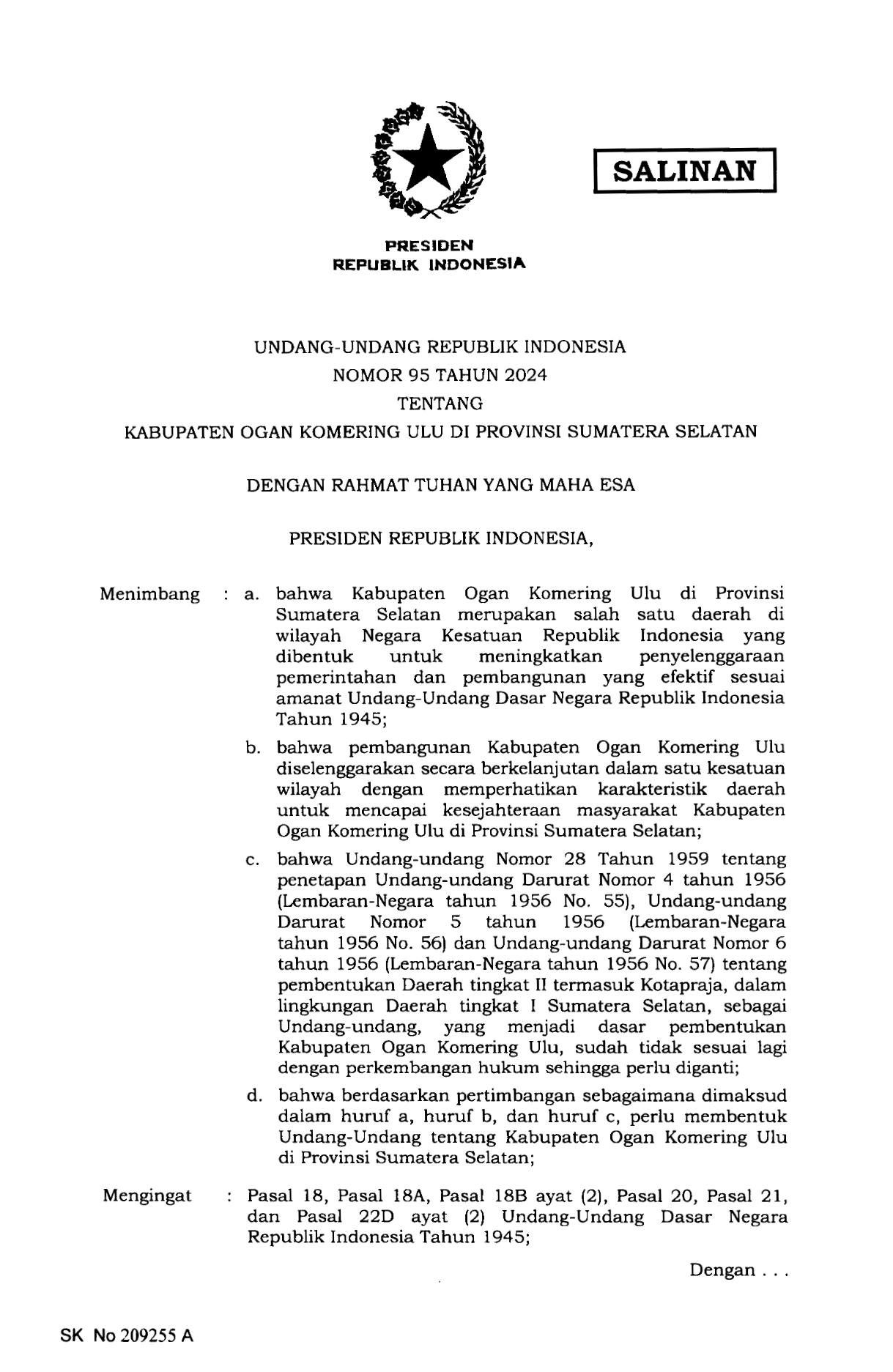 Undang-Undang Nomor 95 Tahun 2024