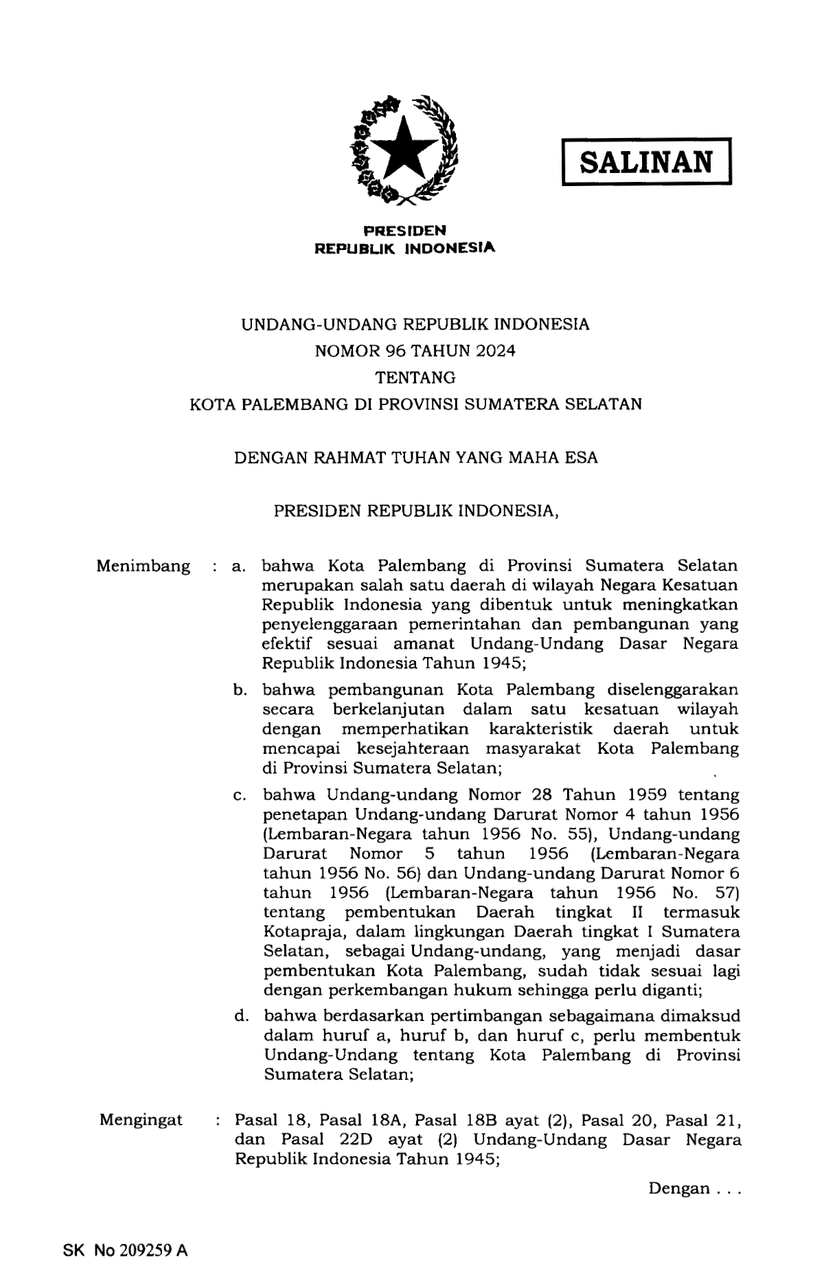 Undang-Undang Nomor 96 Tahun 2024