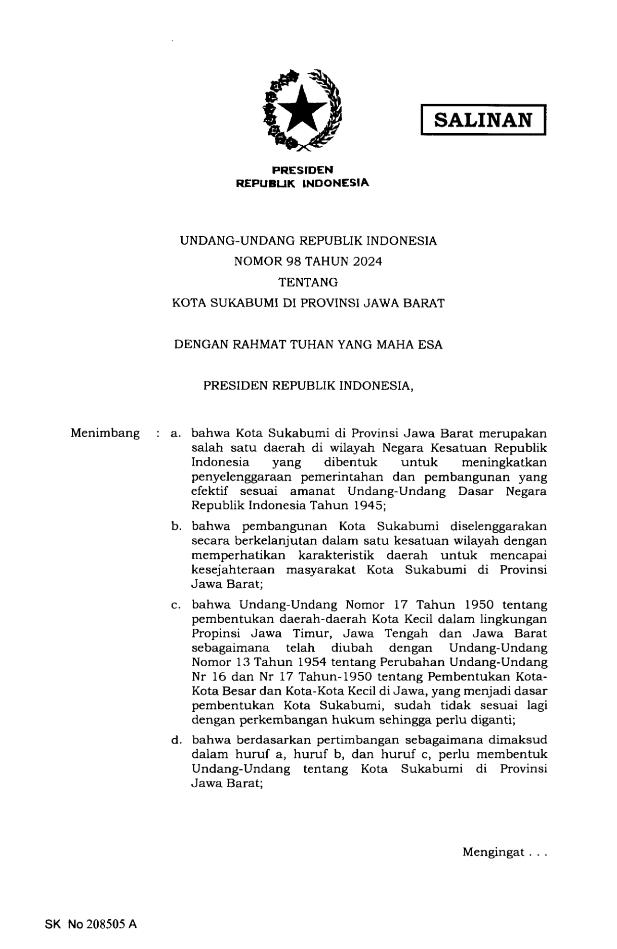 Undang-Undang Nomor 98 Tahun 2024