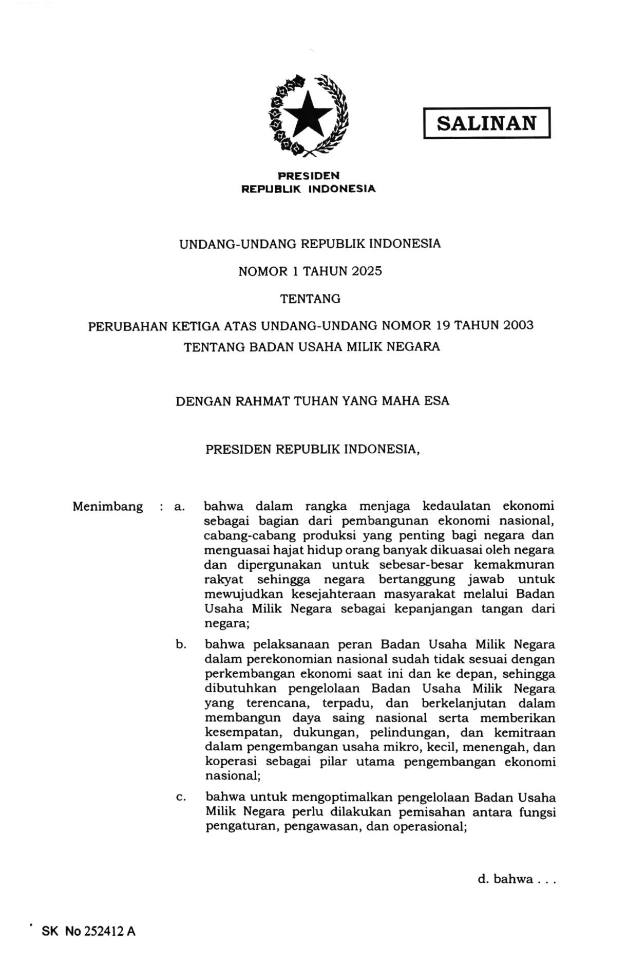 Undang-Undang Nomor 1 Tahun 2025