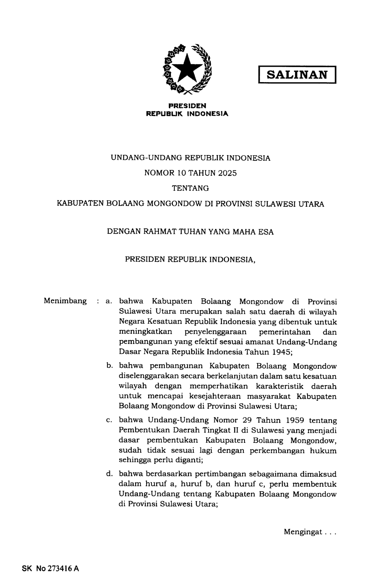 Undang-Undang Nomor 10 Tahun 2025