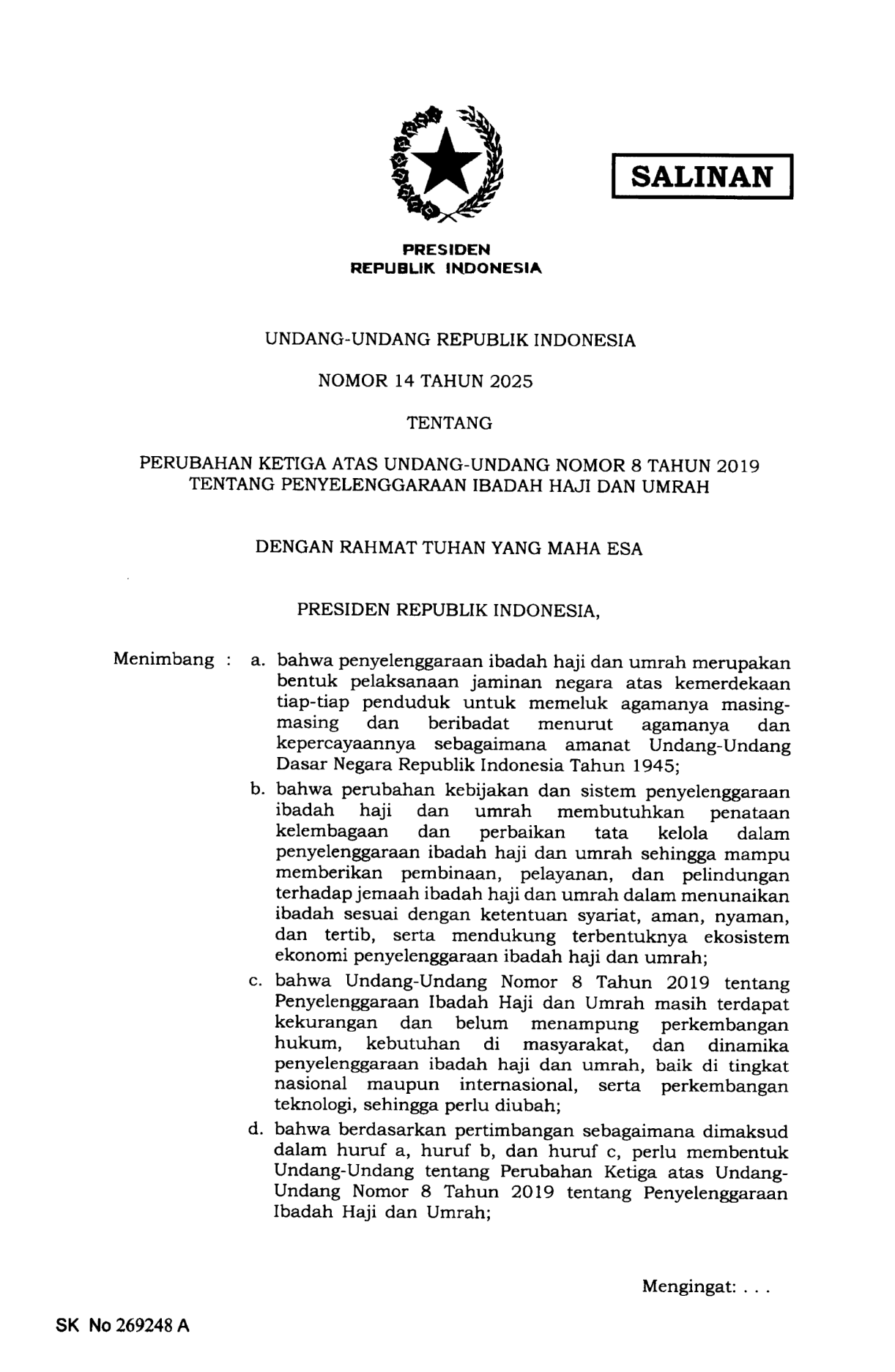Undang-Undang Nomor 14 Tahun 2025